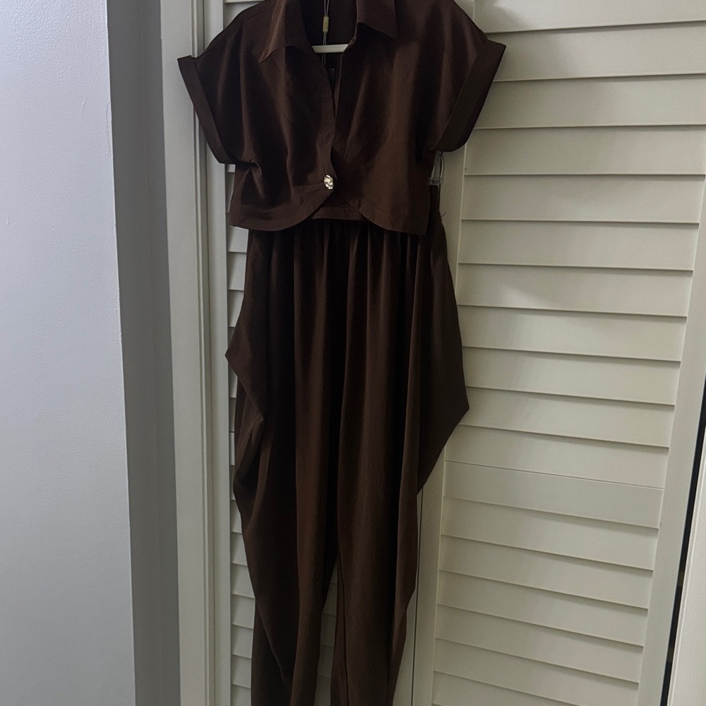 Lizette Collection Dark Brown Draped Jumpsuit with Cropped Jacket